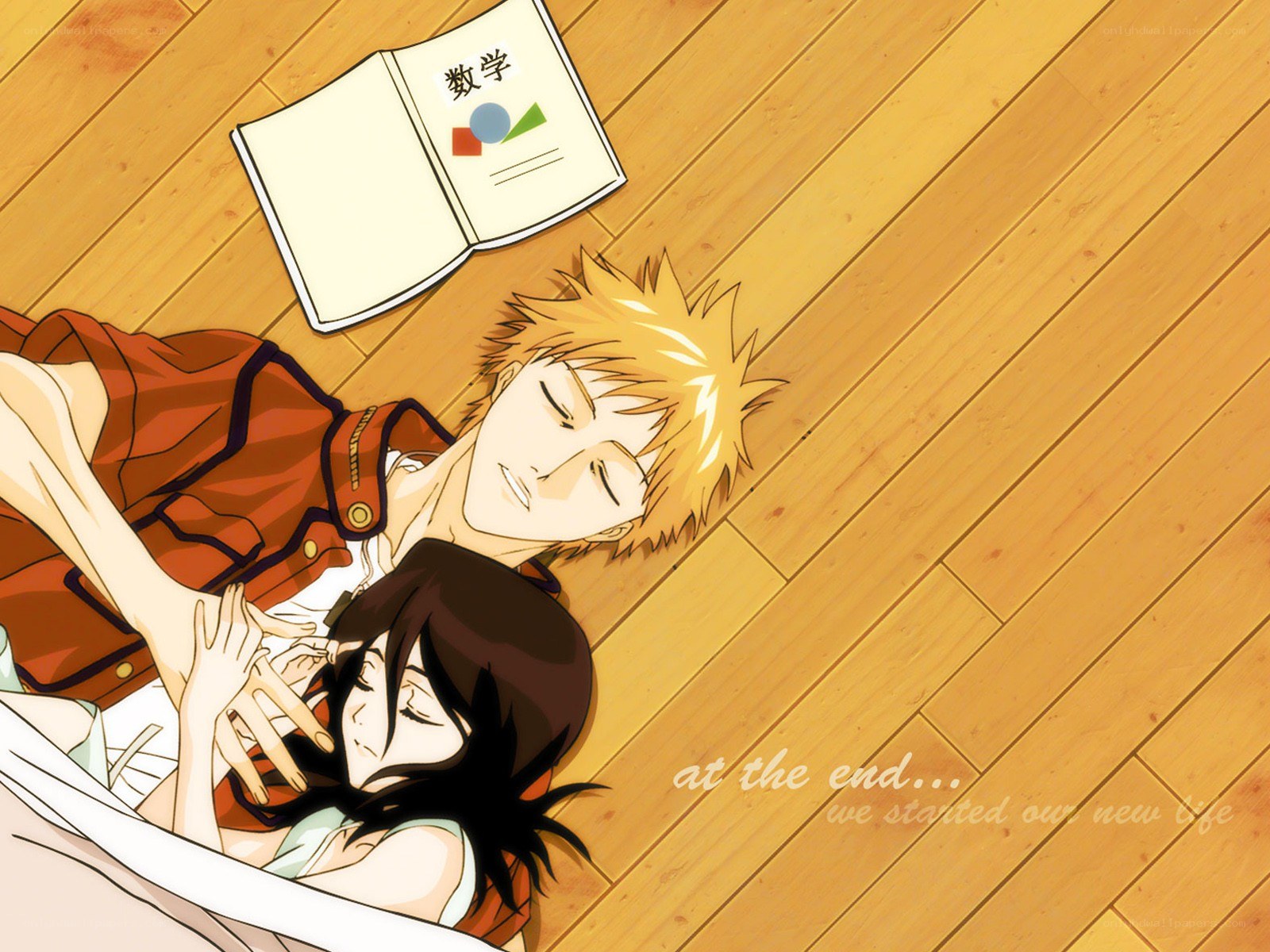Anime couple resting on floor