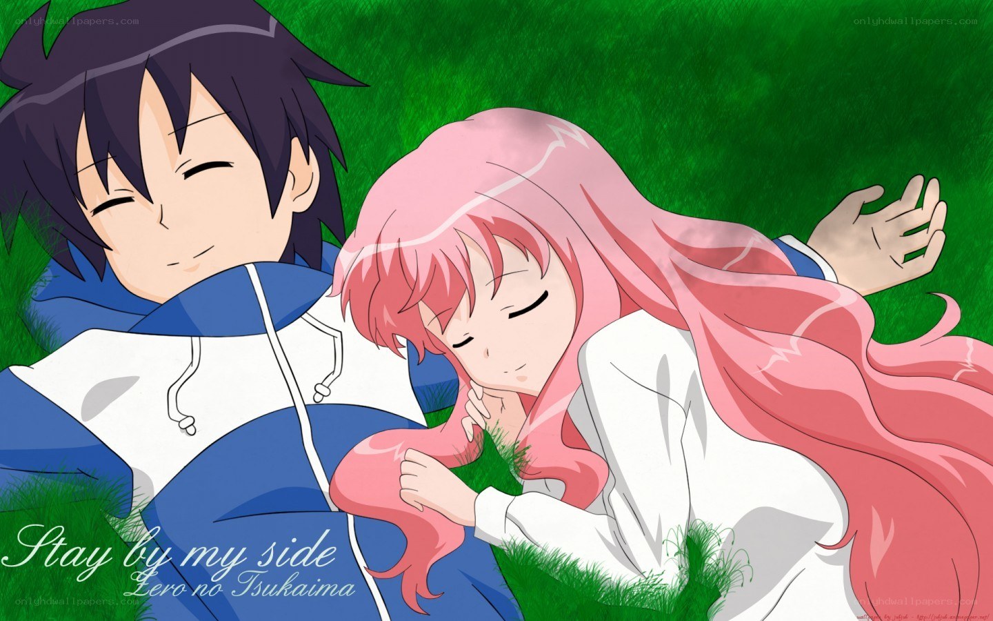 Anime couple resting on grass