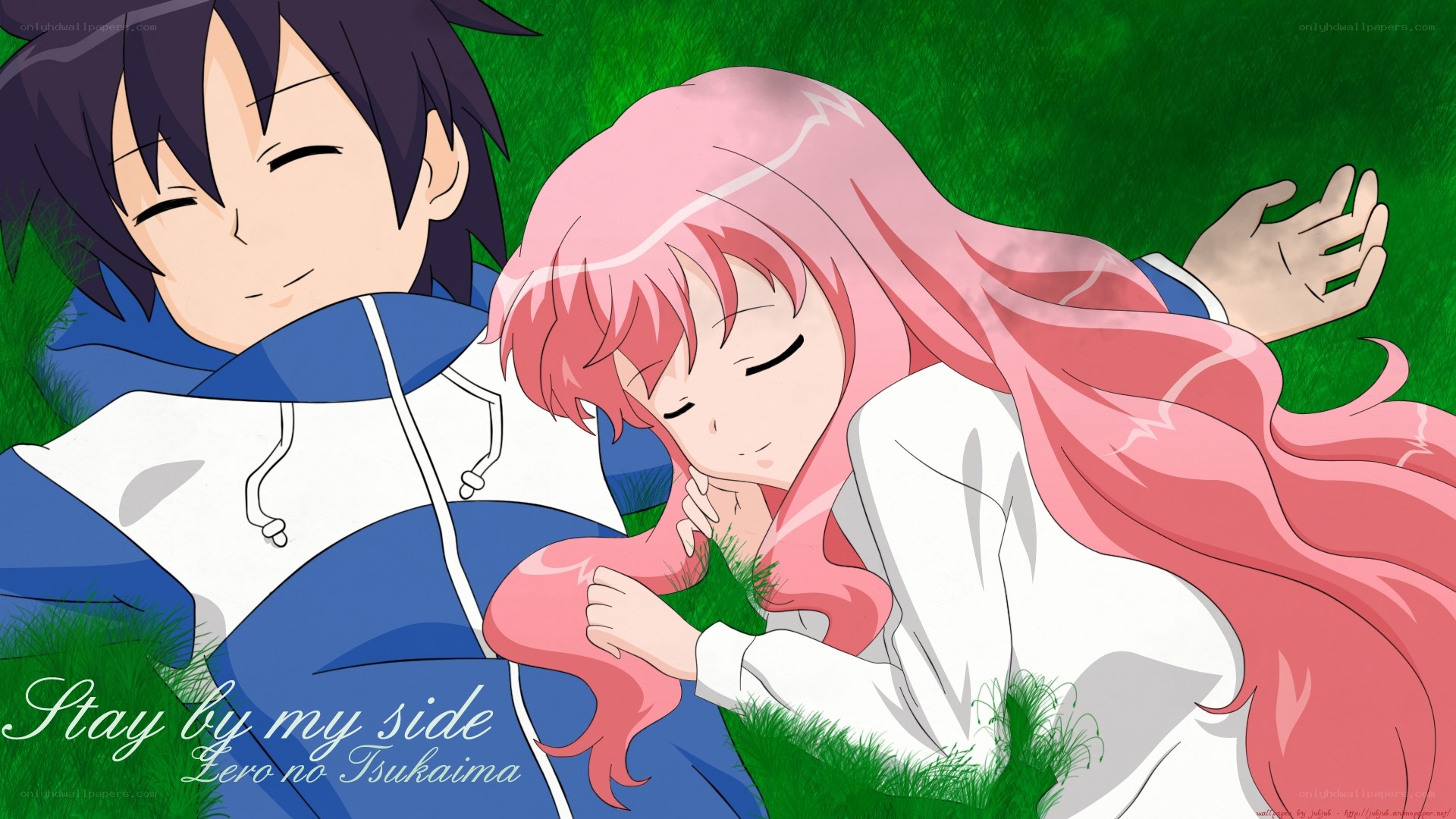 Anime couple resting on grass