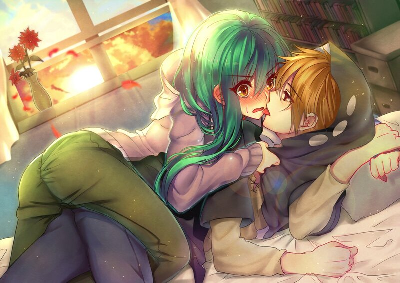 Anime couple sharing a kiss