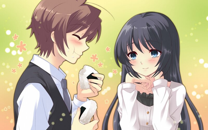 Anime couple sharing onigiri