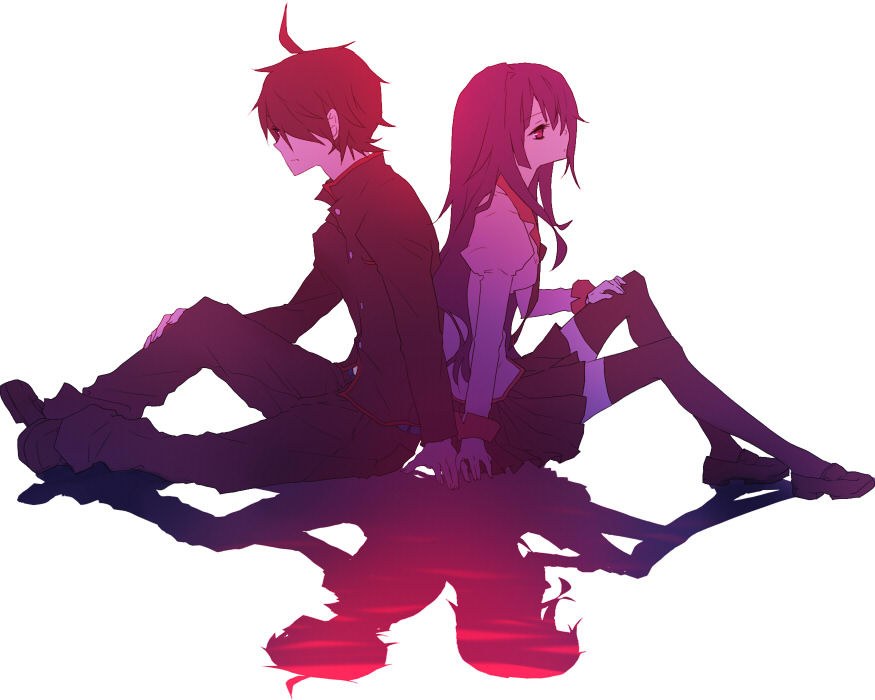 anime couple sitting back to back