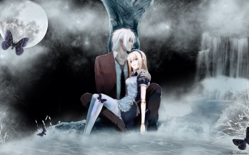 Anime Couple Sitting — Black