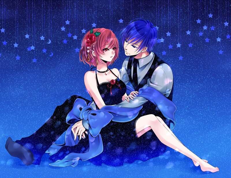Anime Couple Sitting — Blue, Romantic