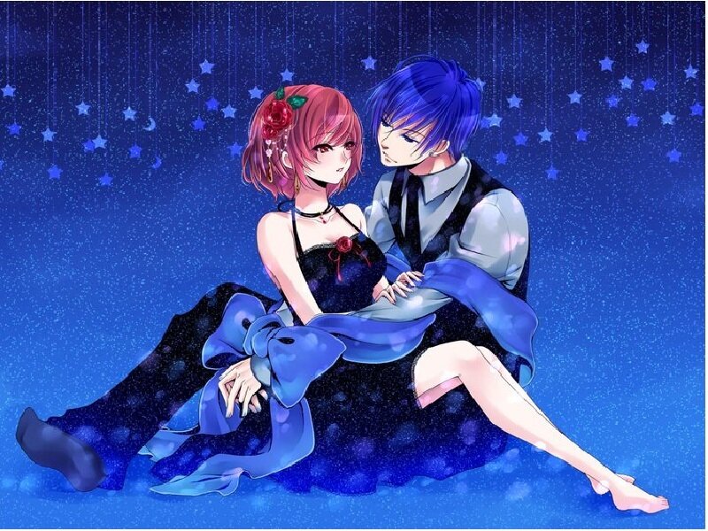 Anime Couple Sitting — Blue