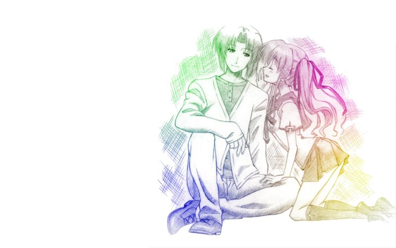 Anime Couple Sitting — Green, Calm
