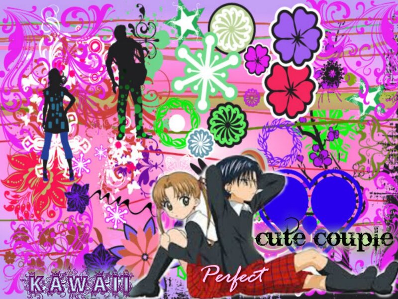 Anime Couple Sitting — Pink, Playful