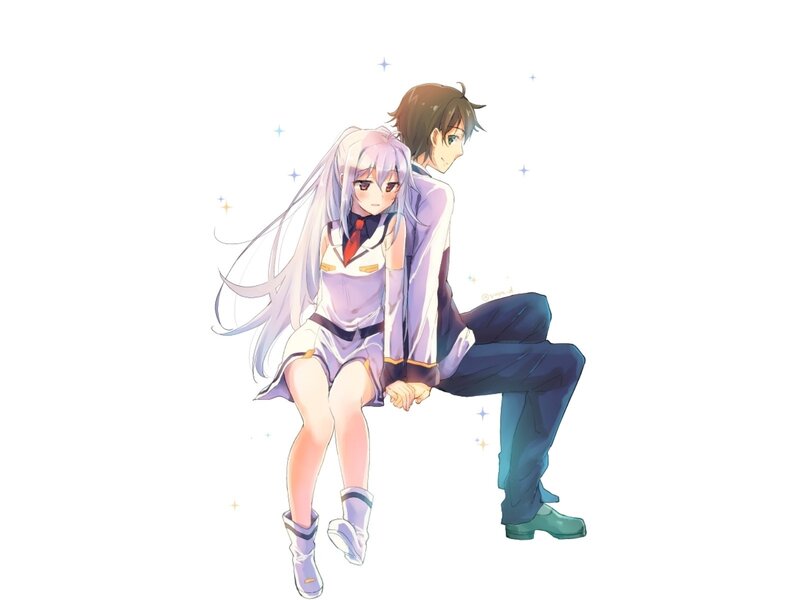 Anime Couple Sitting — White, Calm