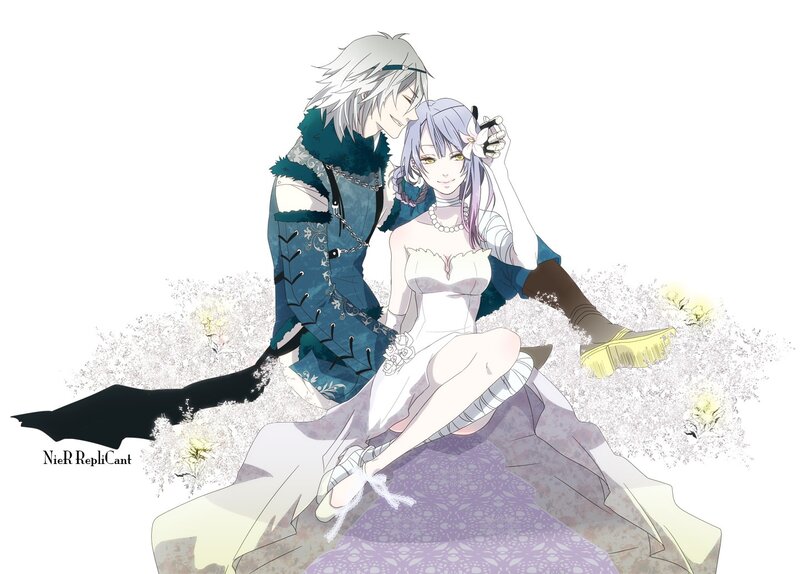 Anime Couple Sitting — White, Serene