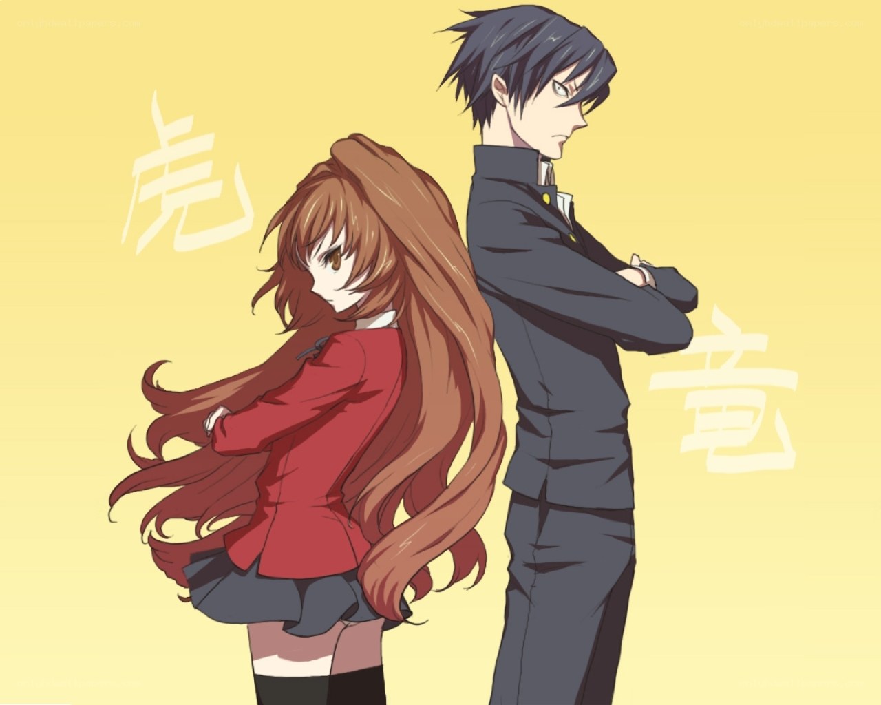 anime couple standing back to back