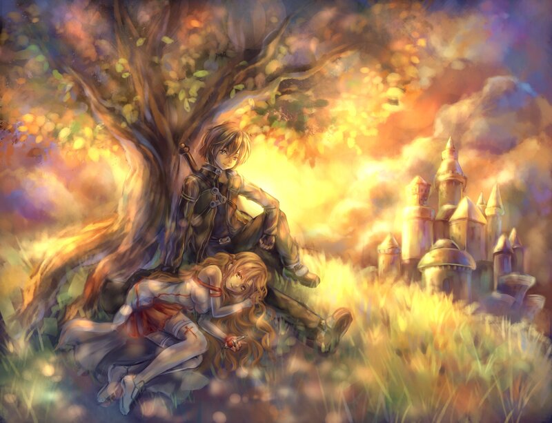 Anime couple under a tree