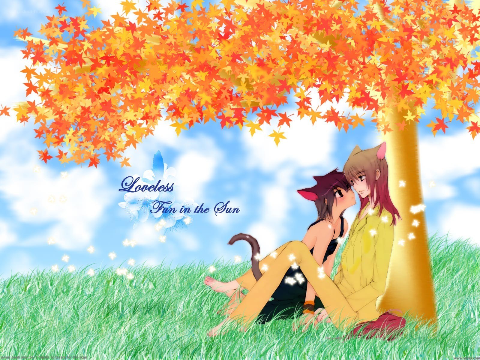 Anime couple under autumn tree