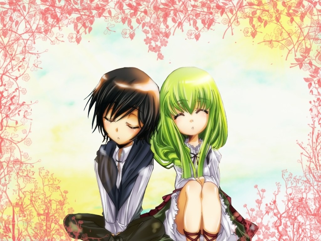 anime couple under blossoms