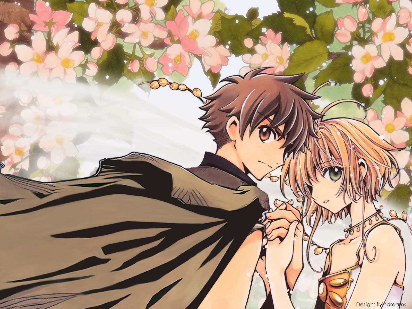 anime couple under blossoms