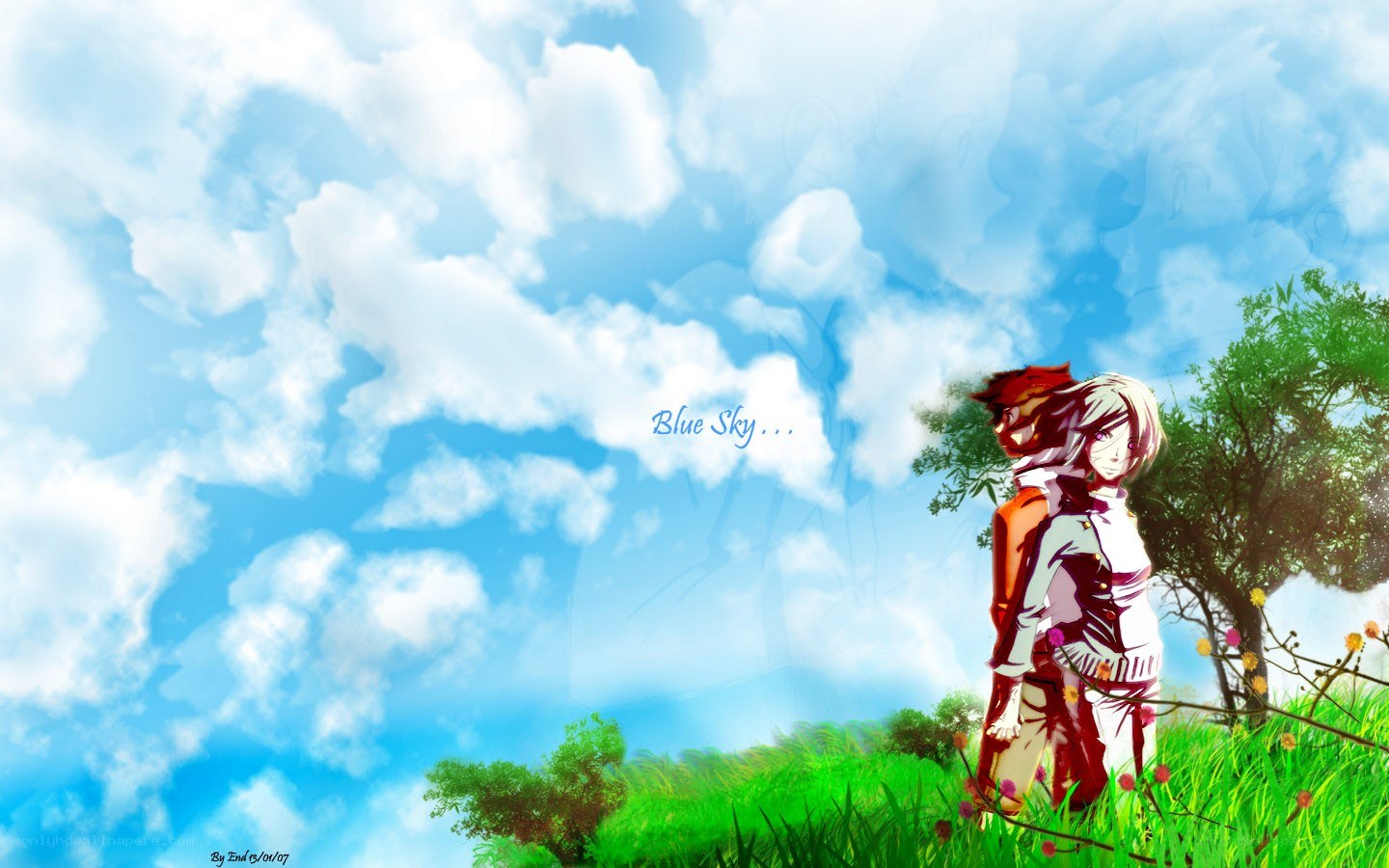 Anime couple under blue sky