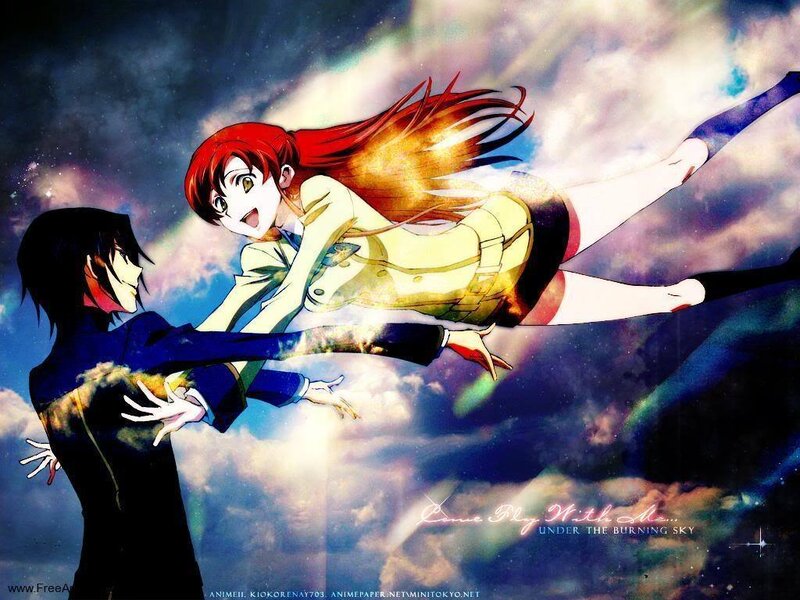 Anime couple under burning sky