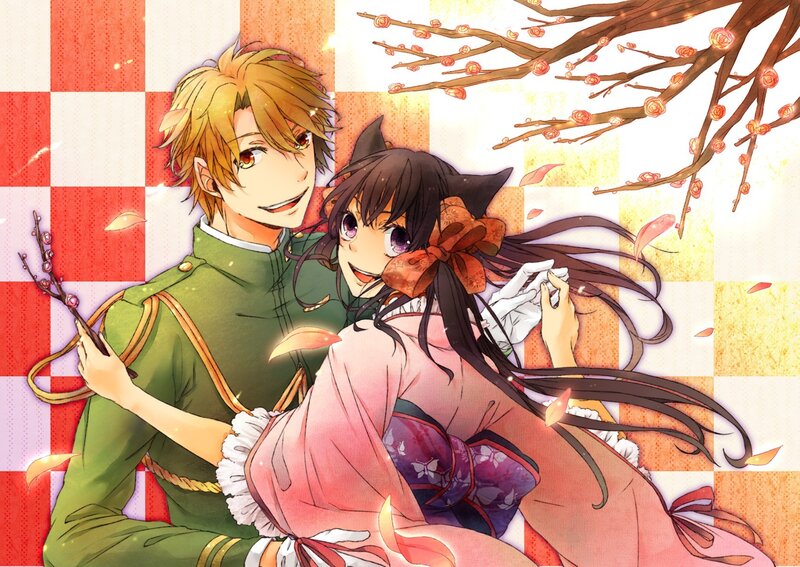Anime couple under cherry blossoms