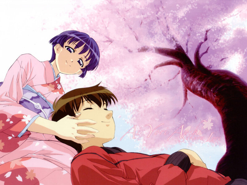 Anime couple under cherry blossoms