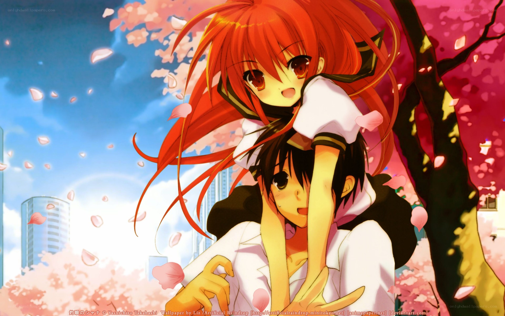 Anime couple under cherry blossoms