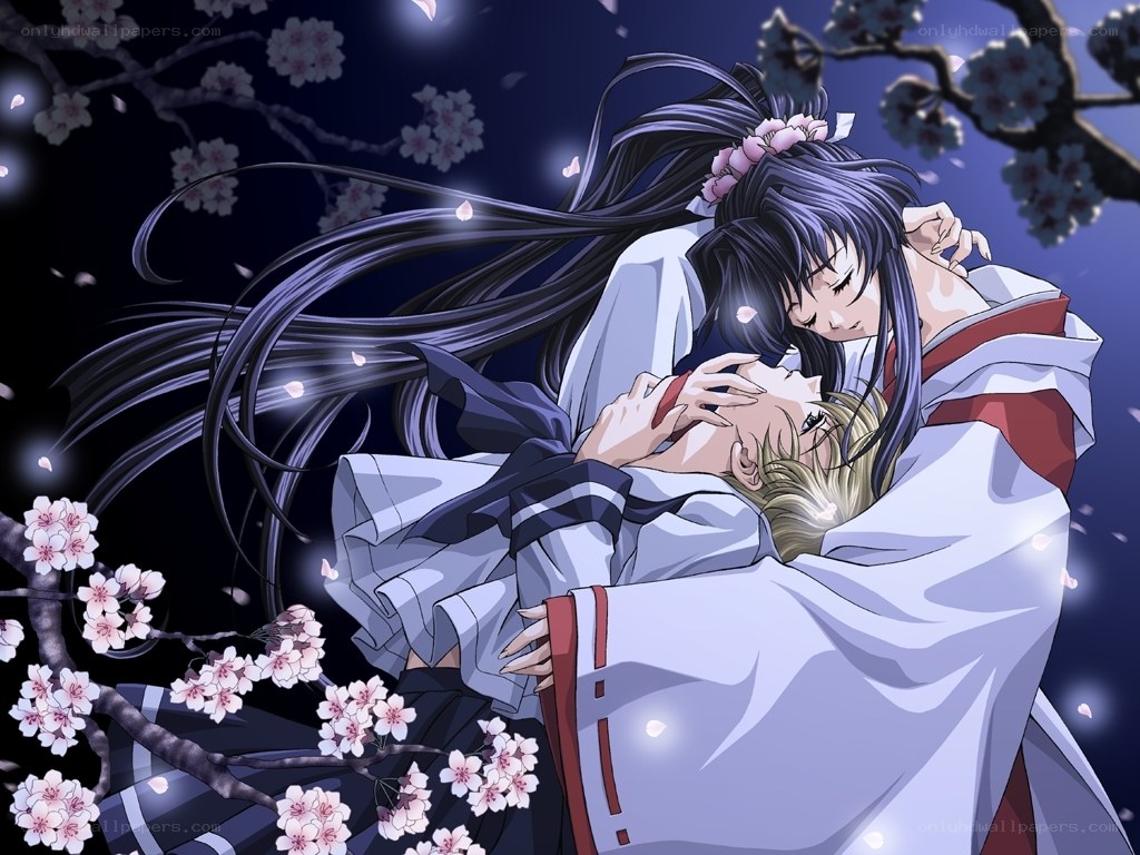 anime couple under cherry blossoms