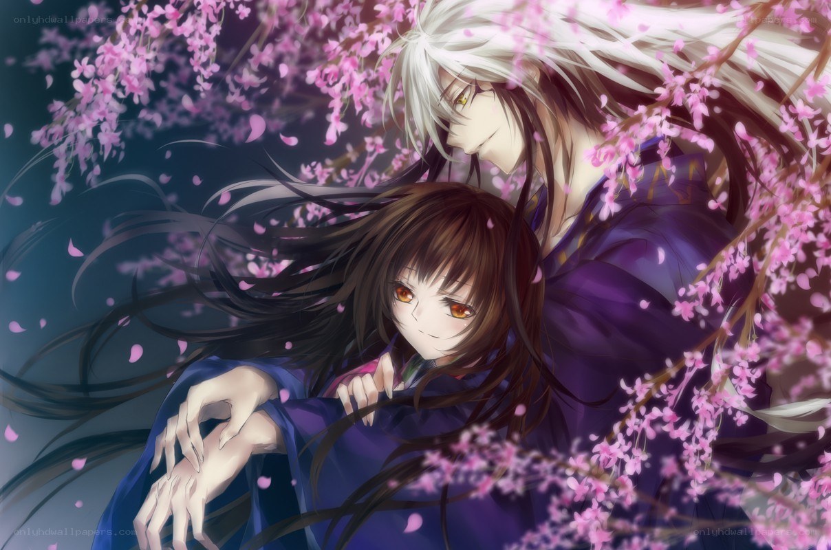 Anime couple under cherry blossoms