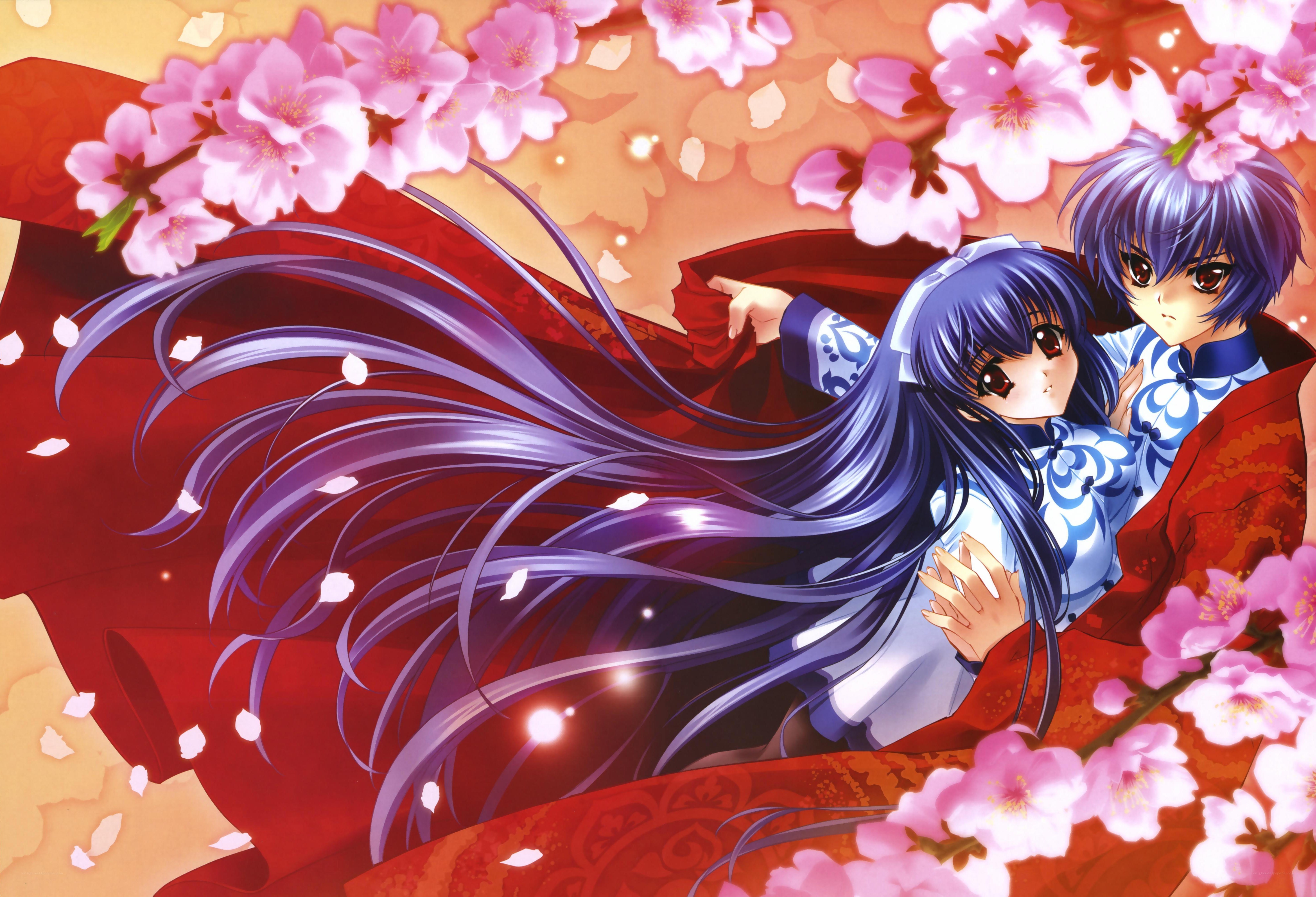 Anime couple under cherry blossoms