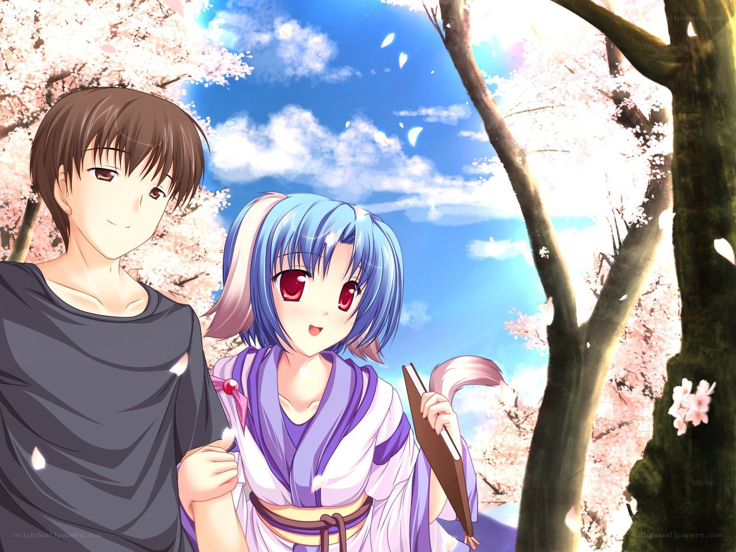 Anime couple under cherry blossoms