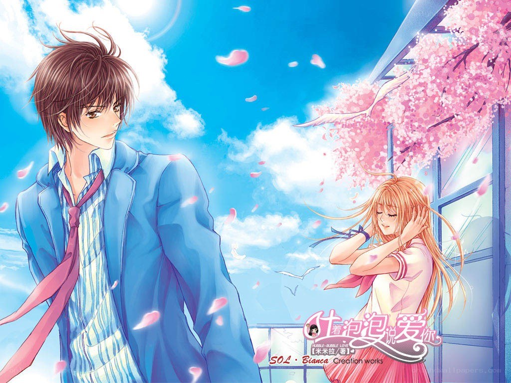 Anime couple under cherry blossoms