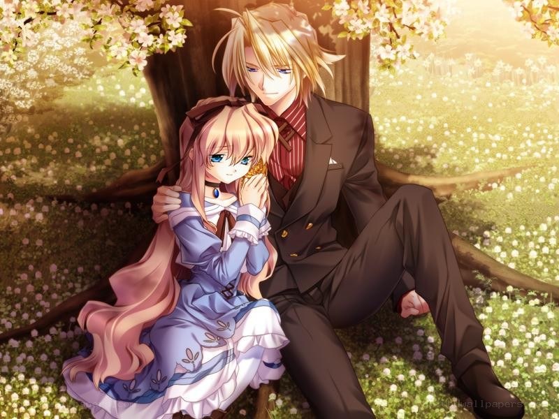 Anime couple under cherry blossoms
