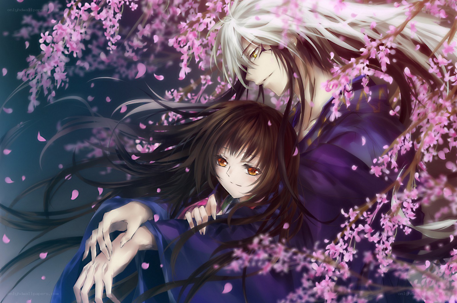 Anime couple under cherry blossoms