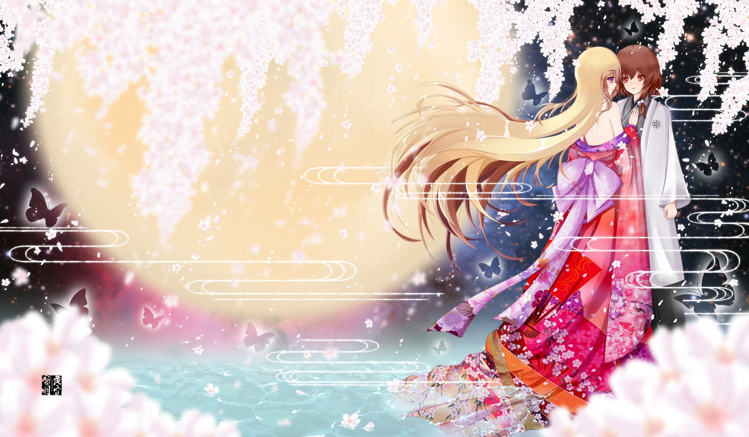 Anime couple under cherry blossoms