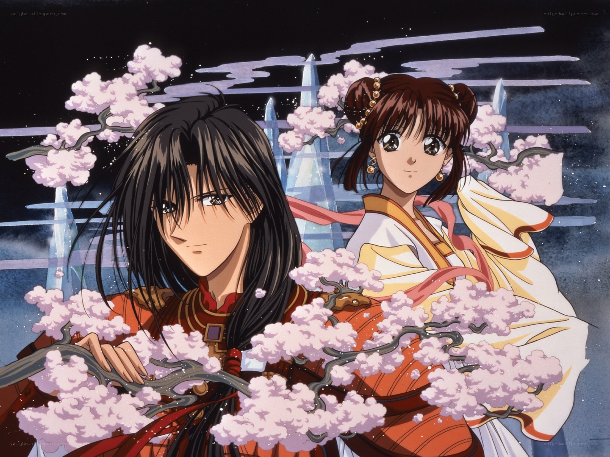 Anime couple under cherry blossoms
