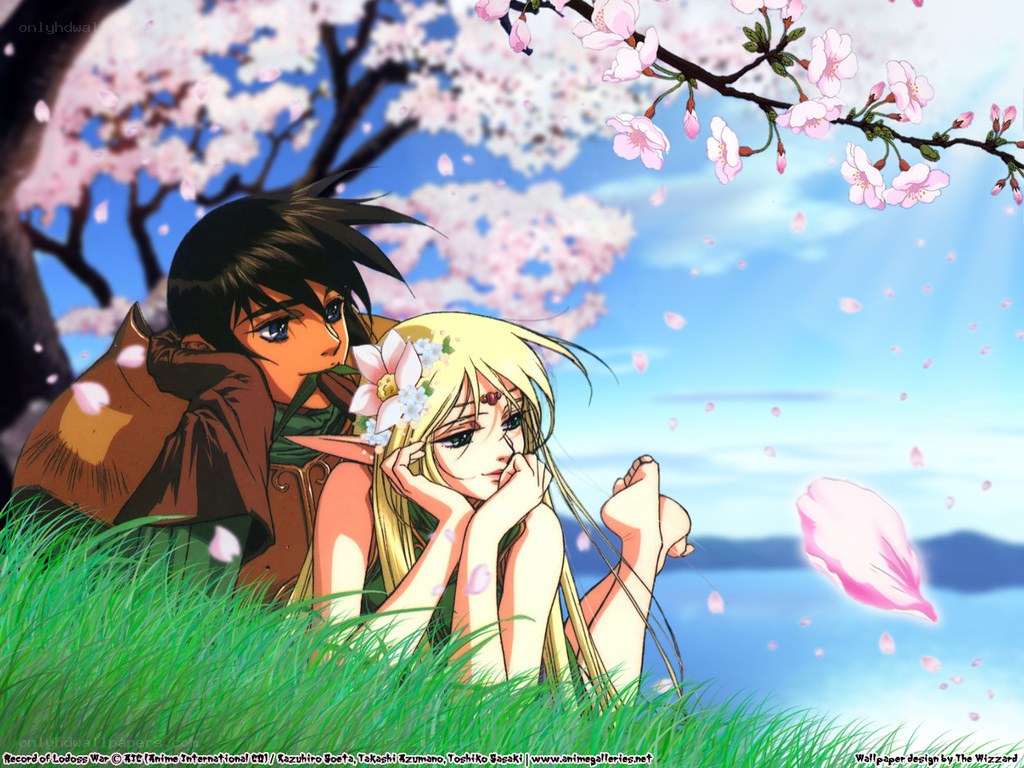 Anime couple under cherry blossoms