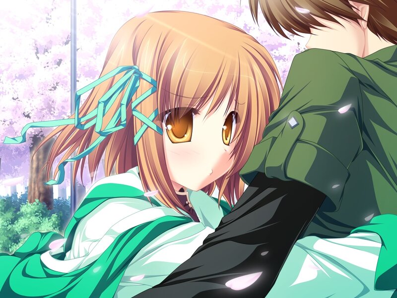 anime couple under cherry blossoms