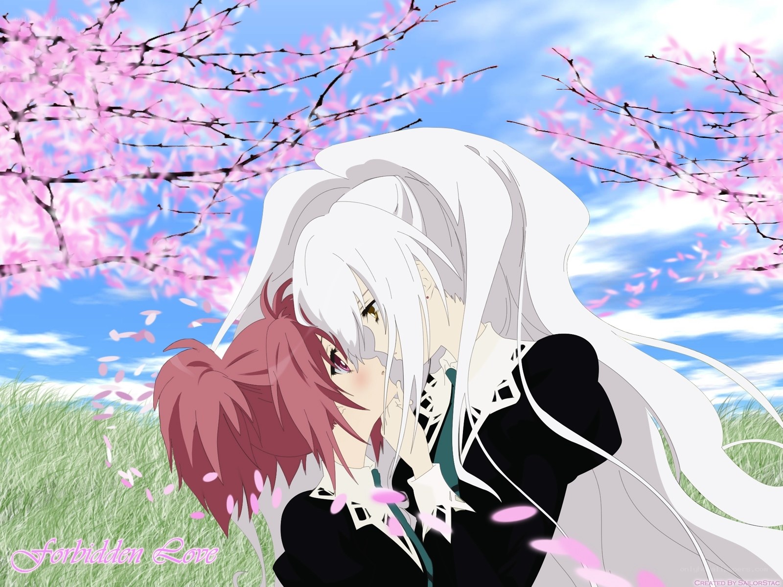 anime couple under cherry blossoms