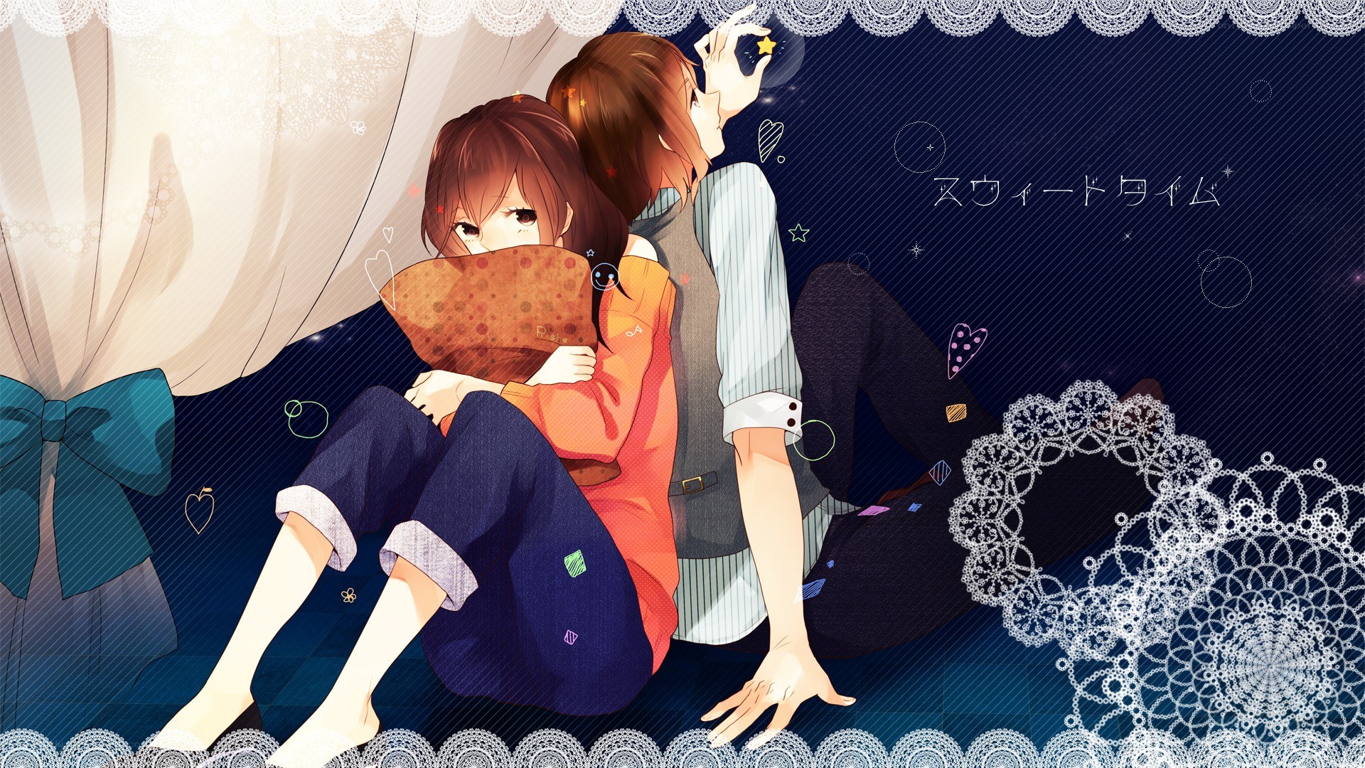 anime couple under lace canopy