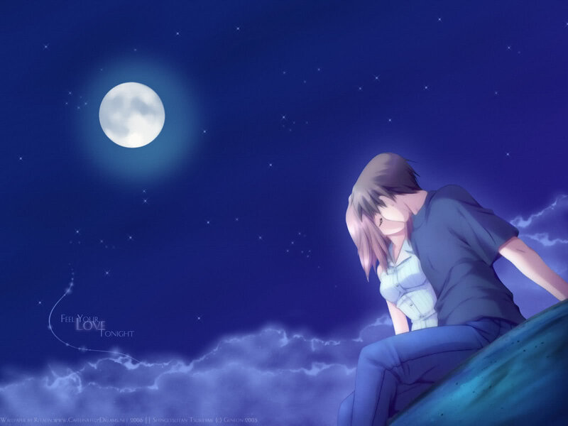 Anime Couple under Moon — Blue, Serene