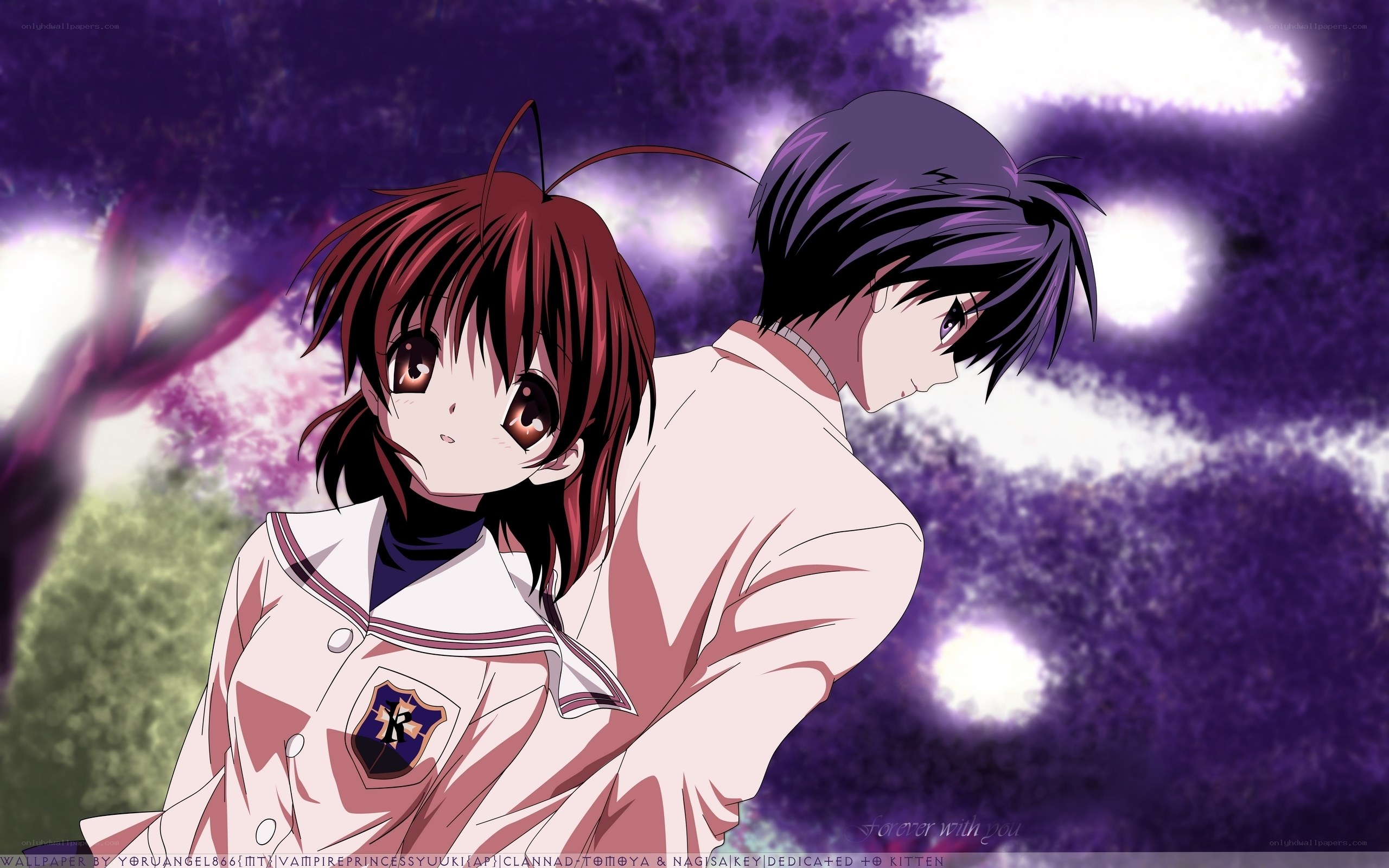 anime couple under purple sky