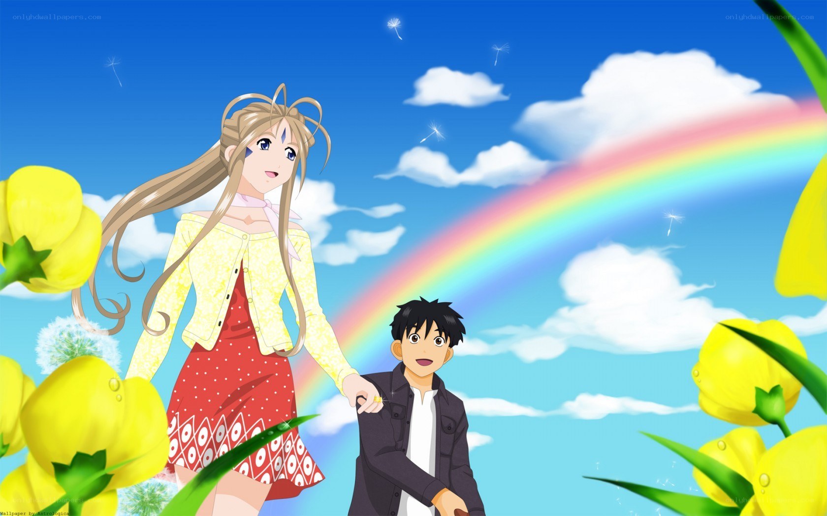 Anime couple under rainbow