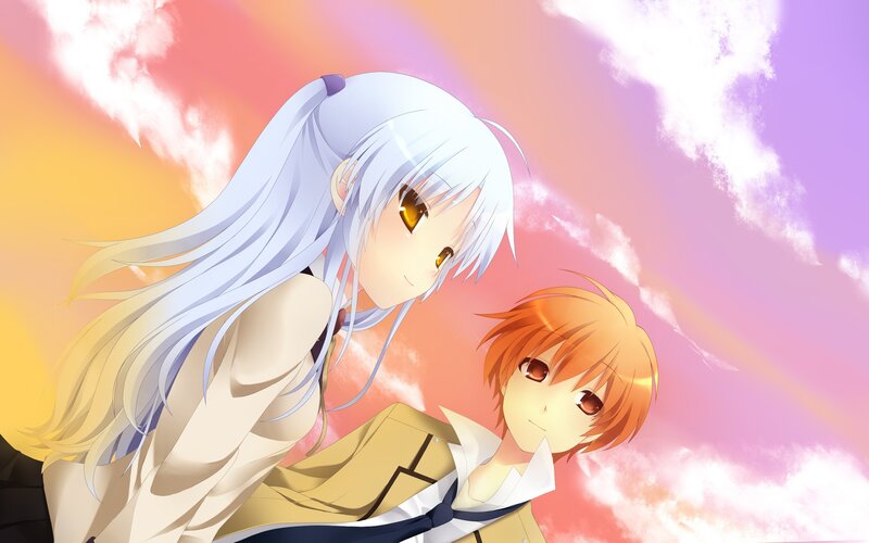 Anime couple under sunset sky