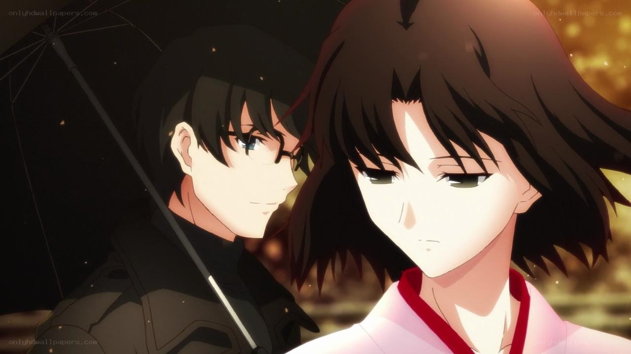 anime couple under umbrella