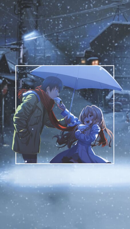 Anime Couple under Umbrella — Blue, Romantic, Night, Snow, Street