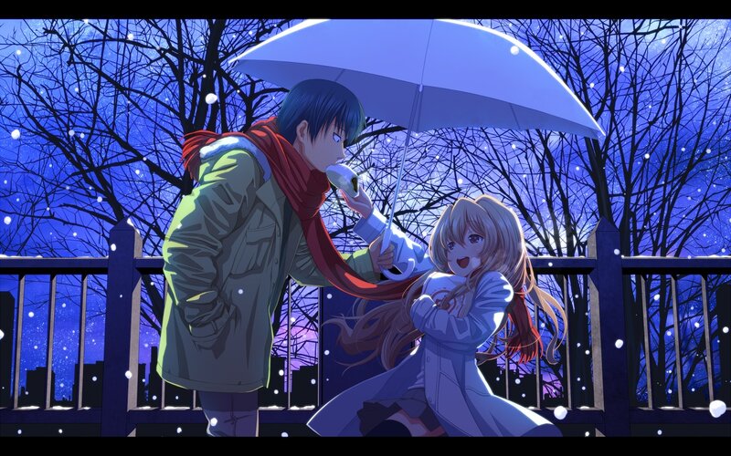 Anime Couple under Umbrella — Blue, Romantic, Night, Snow