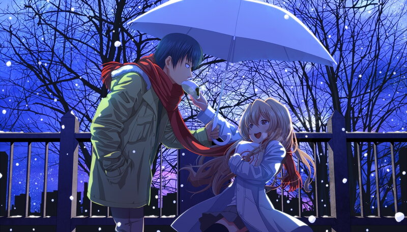 Anime Couple under Umbrella — Blue, Romantic, Night