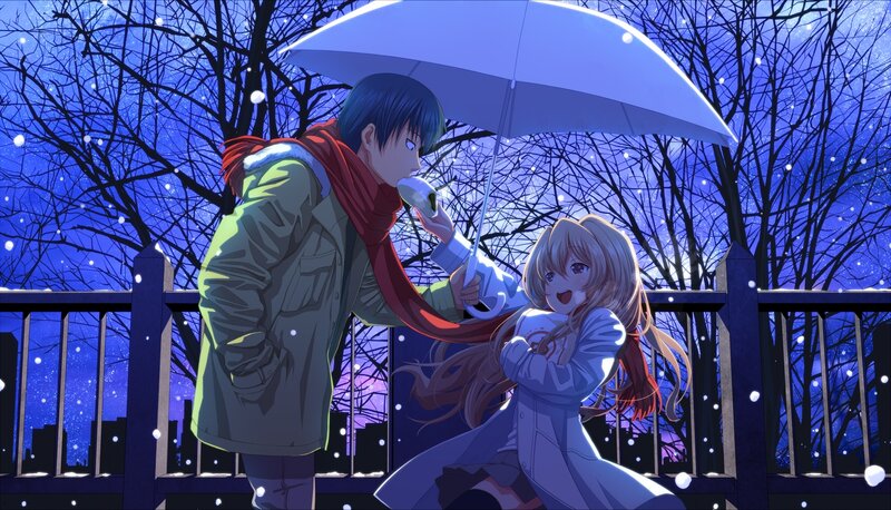 Anime Couple under Umbrella — Blue, Romantic