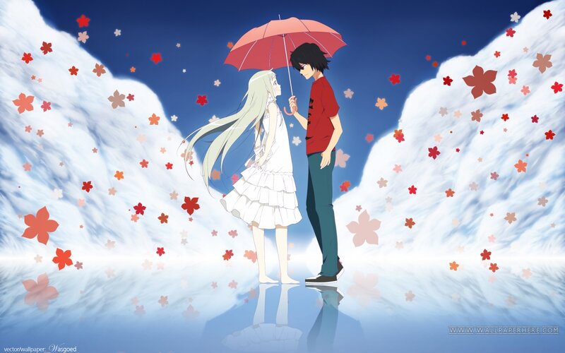 Anime Couple under Umbrella — Blue, Serene, Spring