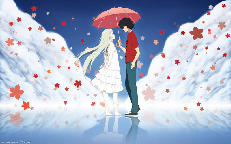 Anime Couple under Umbrella — Blue, Serene