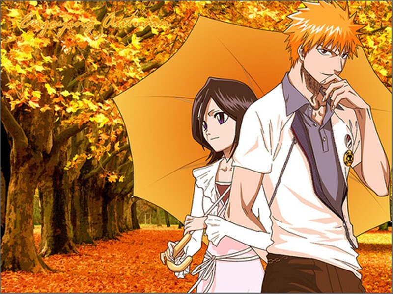 Anime Couple under Umbrella — Orange, Calm