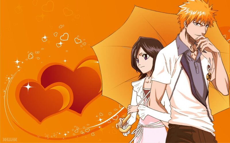 Anime Couple under Umbrella — Orange