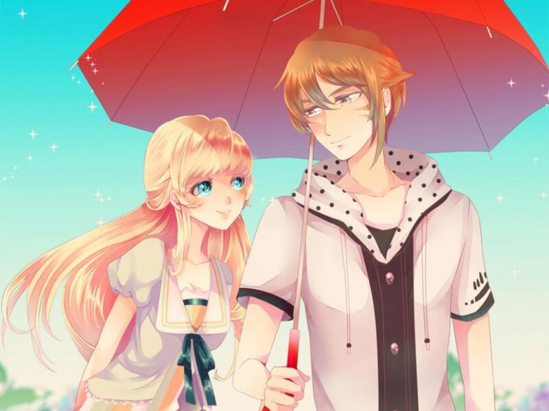 Anime Couple under Umbrella — Red, Serene